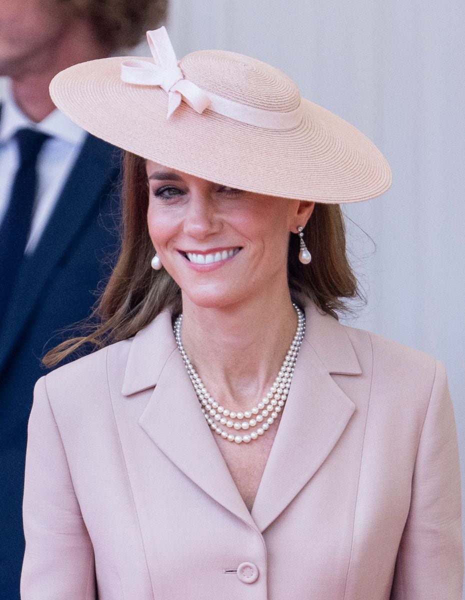 WINDSOR, ENGLAND - JULY 8: Catherine, Princess of Wales during the formal welcome at the Royal Dais on July 8, 2025 in Windsor, England. President Emmanuel Macron and Mrs Brigitte Macron visit the UK in the first visit State Visit made by France in 17 years. They are staying at Windsor Castle, hosted by King Charles III and Queen Camilla, and a banquet will be held there in their honour. The Macrons will visit Imperial College, and the President will address Parliament during his stay. (Photo by Mark Cuthbert/UK Press via Getty Images)