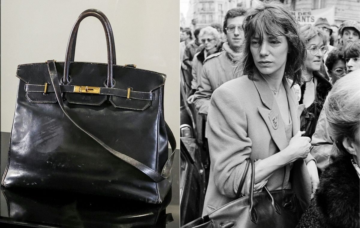 (COMBO) This combination of pictures created on July 09, 2025 shows
the "Birkin" bag by Hermes which belonged to British-French actress and singer Jane Birkin at the Sotheby's auction house in Paris on July 2, 2025 and which will be auctioned by Sotheby's as part of the Fashion Icons auction sale.
(R) British actress and singer Jane Birkin, among many celebrities, takes part to the silent protest against a terrorist attack on March 29, during the International Jewish film Festival, at the "Rivoli-Beaubourg" cinema, in Paris, on March 31, 1985.. Birkin prototype bag that was designed by French luxury brand Hermes for British actress Jane Birkin, is set to be sold at auction house Sotheby's in Paris, on July 10, 2025. 