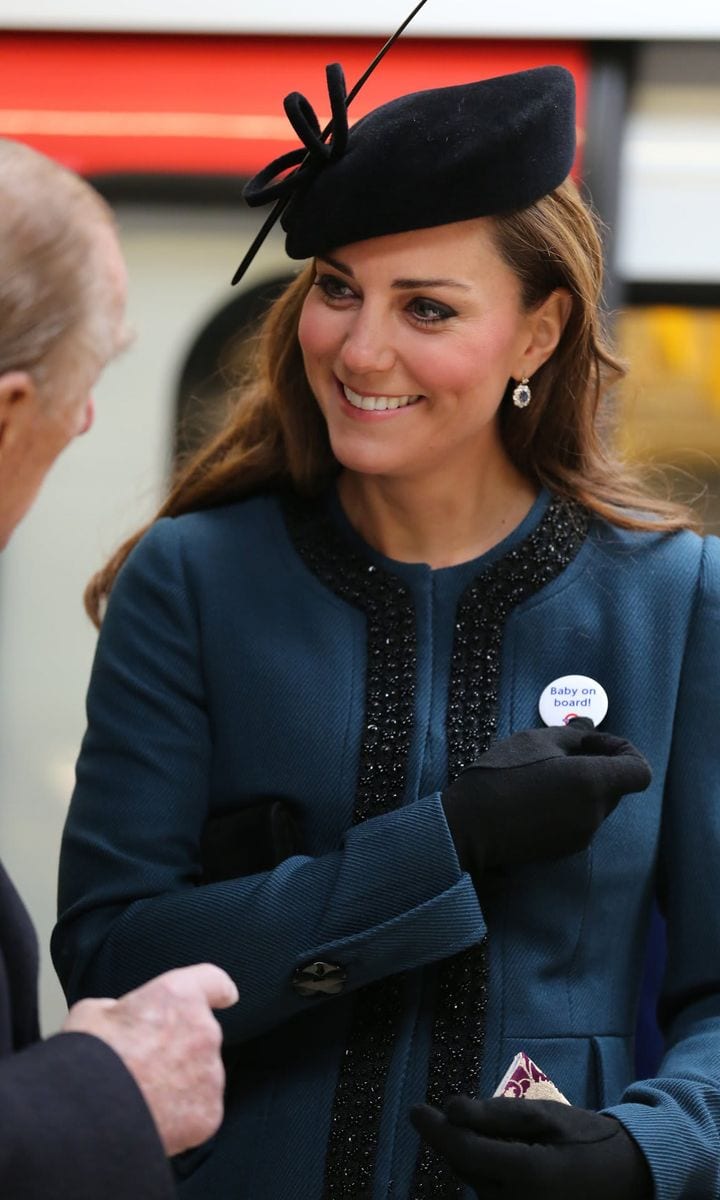 The Duchess of Cambridge showed Prince Philip her new "Baby on Board" badge during a visit to the Baker Street Underground Station to mark the 150th anniversary of the London Underground in 2013.