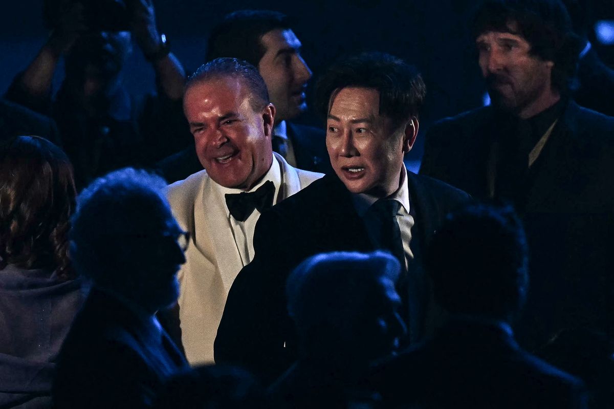 Miss Universe Thailand director Nawat Itsaragrisil (R) and Mexican businessman and president of the Miss Universe Organization Raul Rocha (L) at the 2025 Miss Universe national costume presentation.     