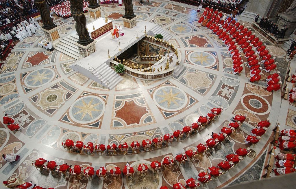 Cardinals at the final Mass for the papal election before the start of the conclave in St. Peter's Basilica on April 18, 2005.