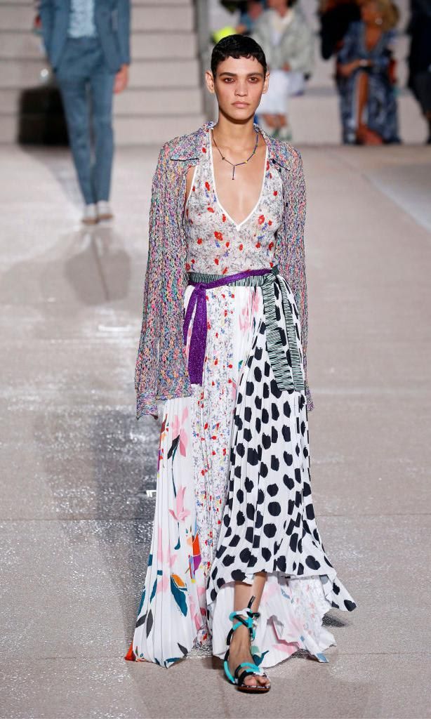 Patchwork dress with floral and polka dot patterns in Missoni's runway show