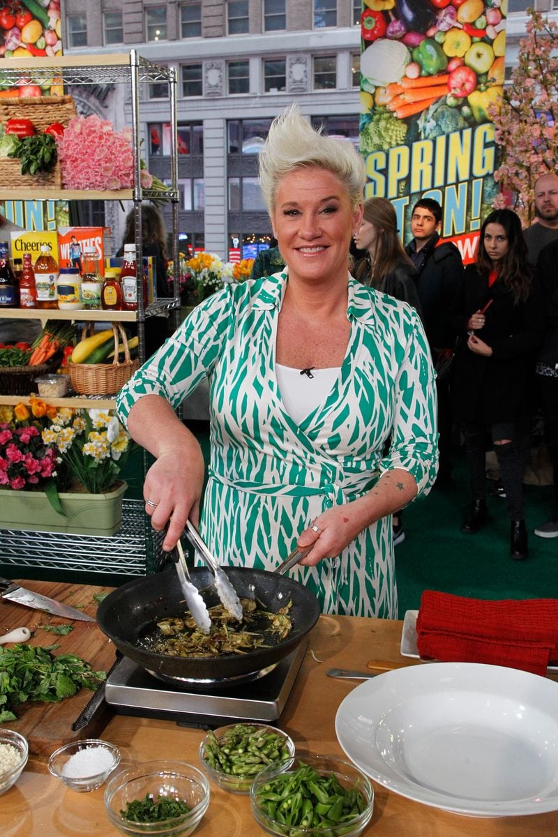 Chefs Richard Blais and Anne Burrell compete in the "Spring It On Showdown" on GOOD MORNING AMERICA, 3/25/16, airing on the Walt Disney Television Network.   (Photo by Lou Rocco/Disney General Entertainment Content via Getty Images)  ANNE BURRELL