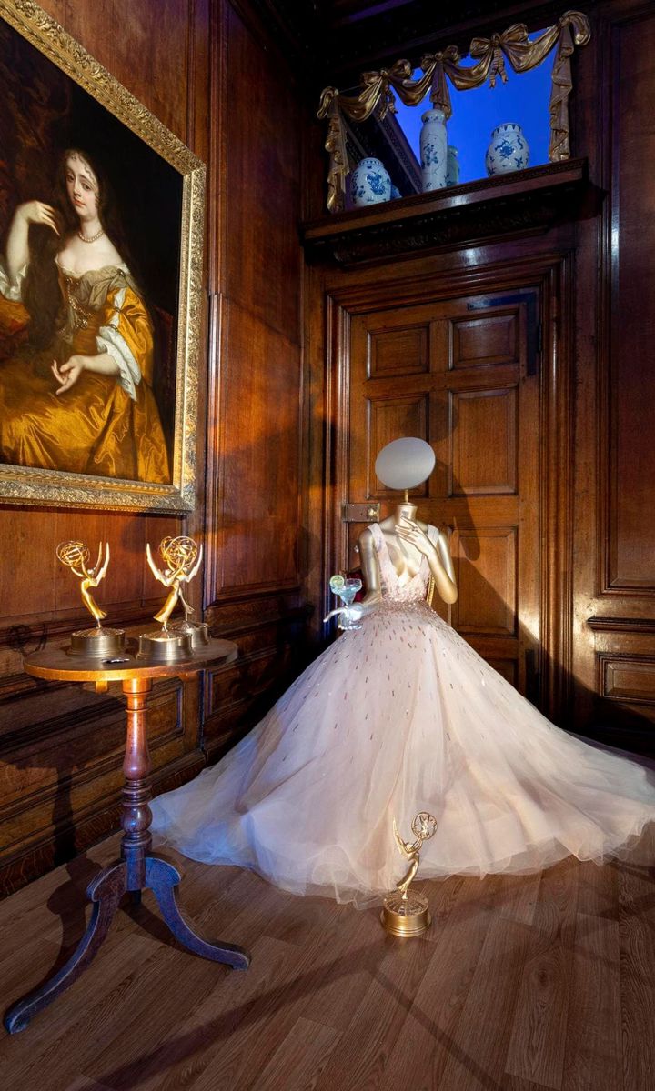Phoebe Waller-Bridge's Monique Lhuillier gown from the 2019 Emmys is displayed in the Queen's Gallery.