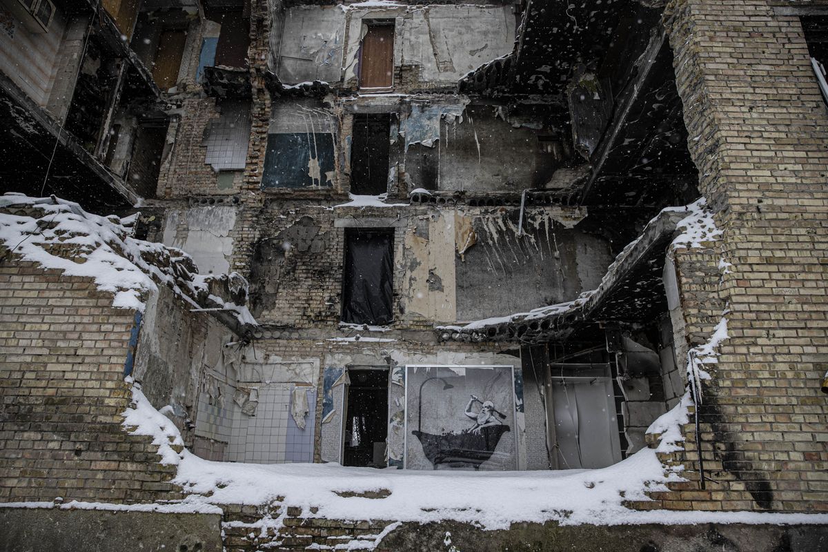  A view of graffiti created by England-based street artist, Banksy, in Horenka located Kyiv district, Ukraine on November 19, 2022. 