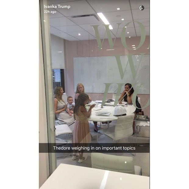 Baby Theodore joined his mom for a conference room meeting.
<br>
Photo: Snapchat/Ivanka Trump