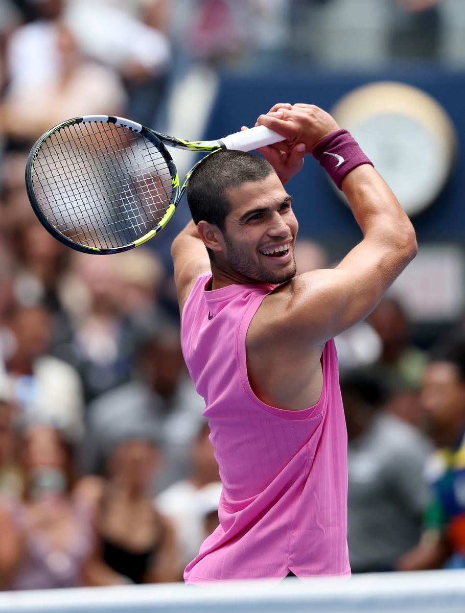 Carlos Alcaraz of Spain celebrates the match win over Jiri Lehecka of Czechia during their Men's Quarterfinal match on Day Ten of the 2025 US Open 