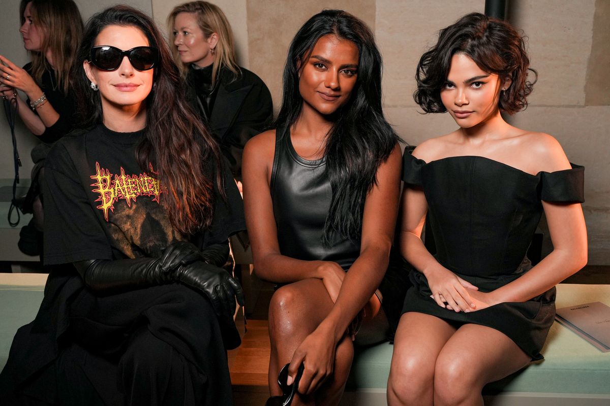 Anne Hathaway, Simone Ashley, Ariana Greenblatt at the Balenciaga fashion show as part of Spring/Summer 2026 Paris Fashion Week on October 04, 2025 in Paris, France. (Photo by Swan Gallet/WWD via Getty Images)