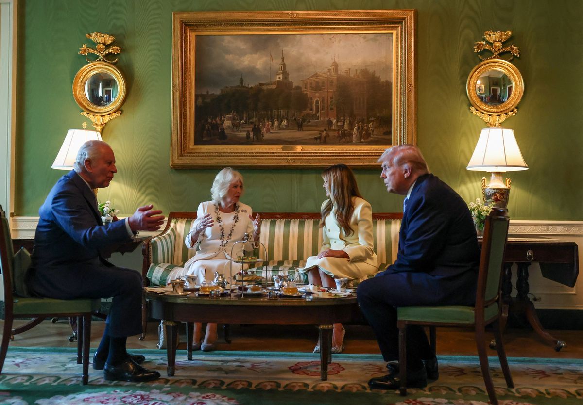 President Donald Trump and first lady Melania Trump host King Charles III and Queen Camilla for afternoon tea at the White House on day one of their State Visit to the United States of America on April 27, 2026, in Washington, D.C. 