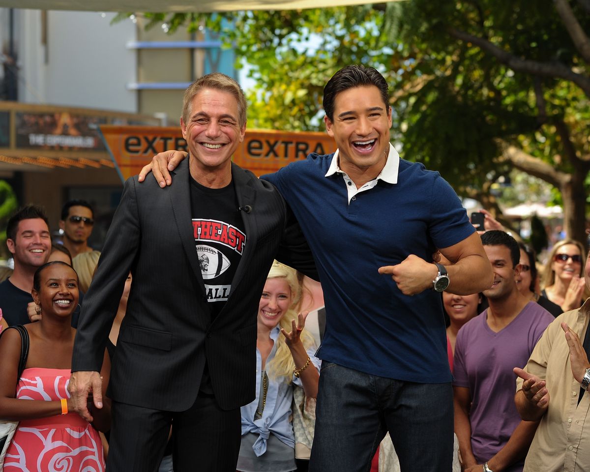 Tony Danza (L) and Mario Lopez visit "Extra" at The Grove on September 17, 2012, in Los Angeles, California.  