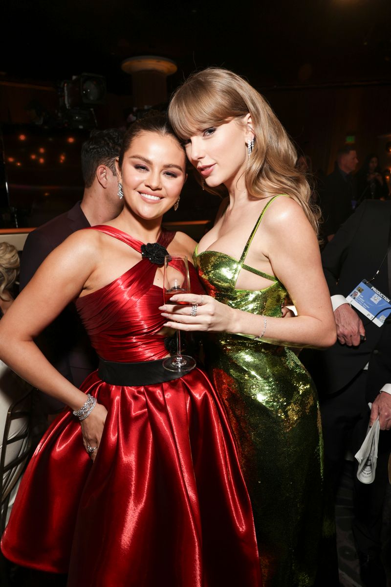 Selena Gomez and Taylor Swift at the 81st Annual Golden Globe Awards, airing live from the Beverly Hilton in Beverly Hills, California on Sunday, January 7, 2024, at 8 PM ET/5 PM PT, on CBS and streaming on Paramount+. Photo: Todd Williamson/CBS via Getty Images)