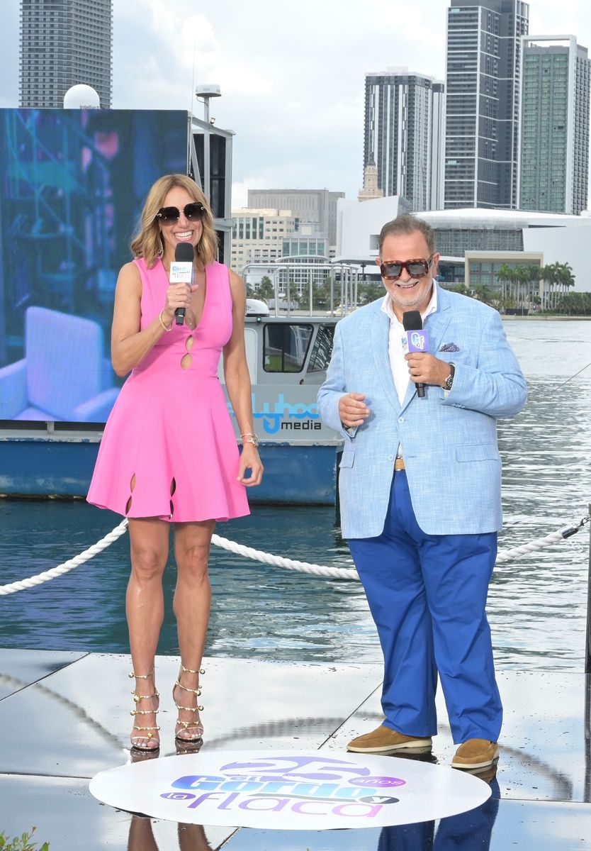 MIAMI, FL - SEPTEMBER 21:  Lili Estefan and Raul De Molina at the 25th anniversary of El Gordo y La Flaca TV show taping at The Deck on September 21, 2023 in Miami, Florida. (Photo by Manny Hernandez/Getty Images)