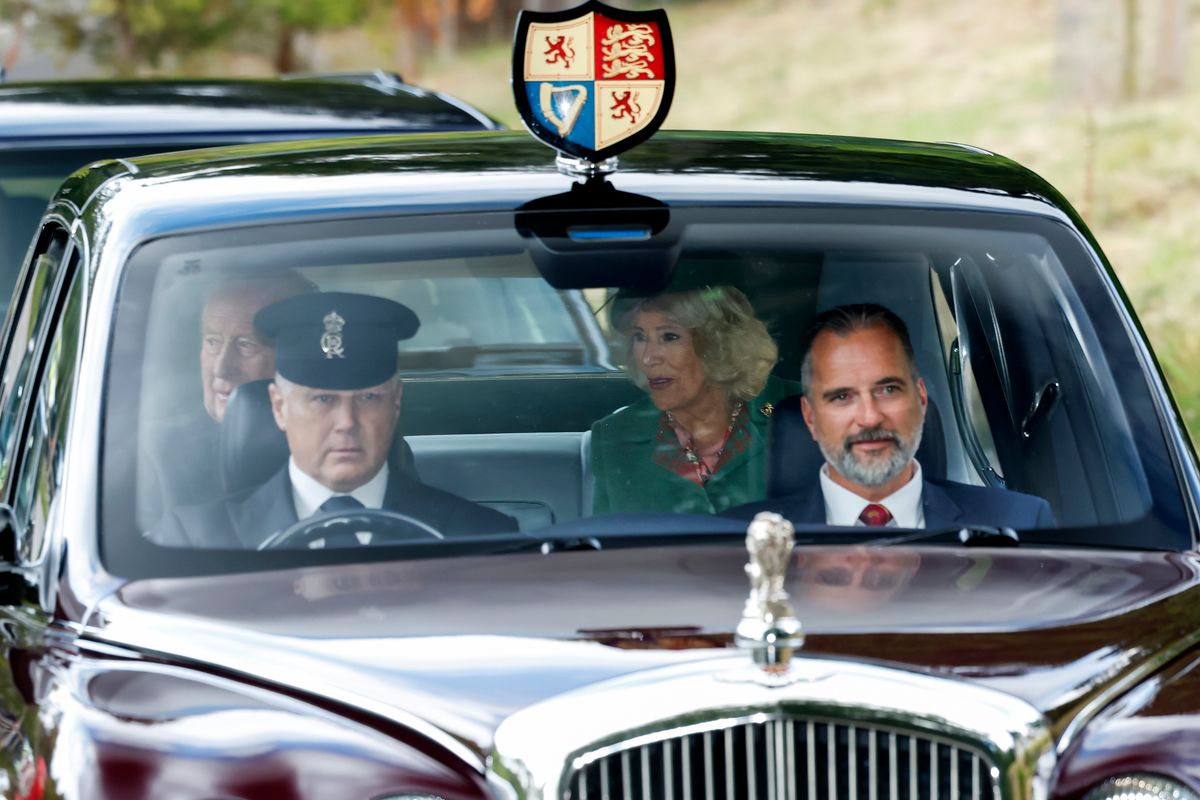 King Charles III and Queen Camilla arriving for a service at Crathie Kirk Church on August 23, 2026