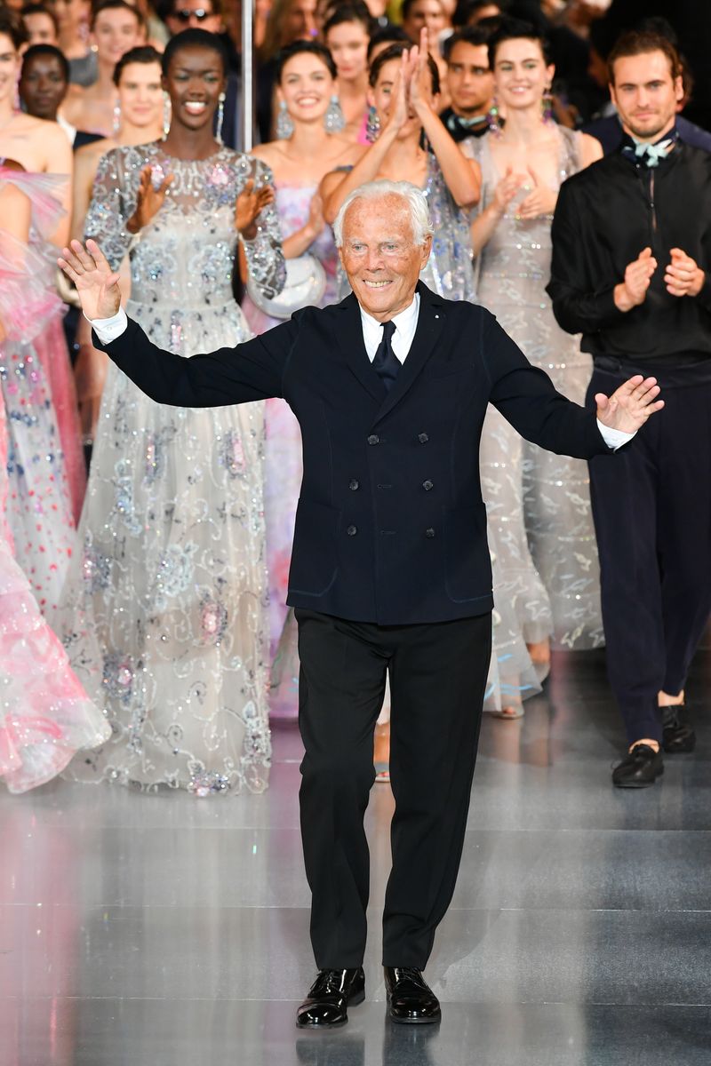 Italian fashion designer Giorgio Armani walks the runway during the Giorgio Armani "One Night Only Dubai" fashion show at the Armani Hotel Dubai 
