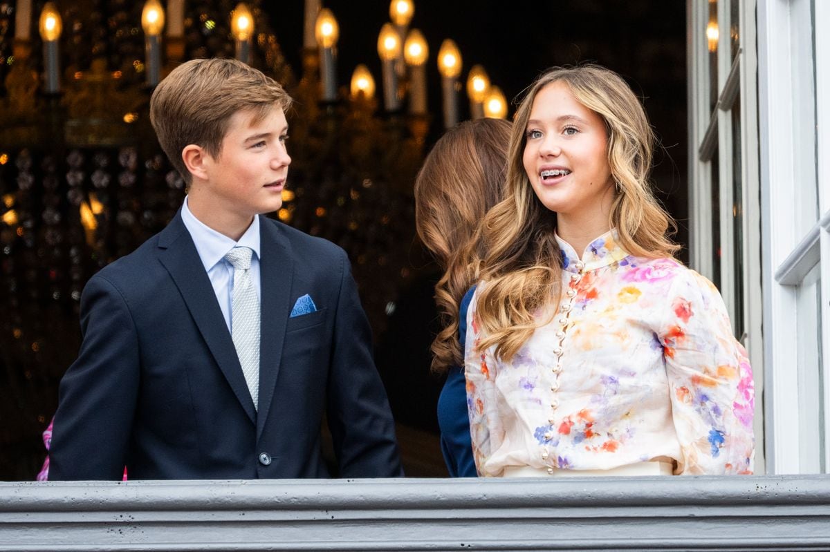  (L-R)  Prince Vincent of Denmark and Princess Josephine of Denmark appear on the balcony of Frederik VIII's Palace to celebrate the King's 57th birthday at Amalienborg Palace on May 26, 2025, in Copenhagen, Denmark. 