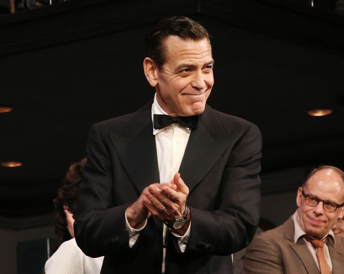 George Clooney rocks leather while celebrating his first Tony Award nomination