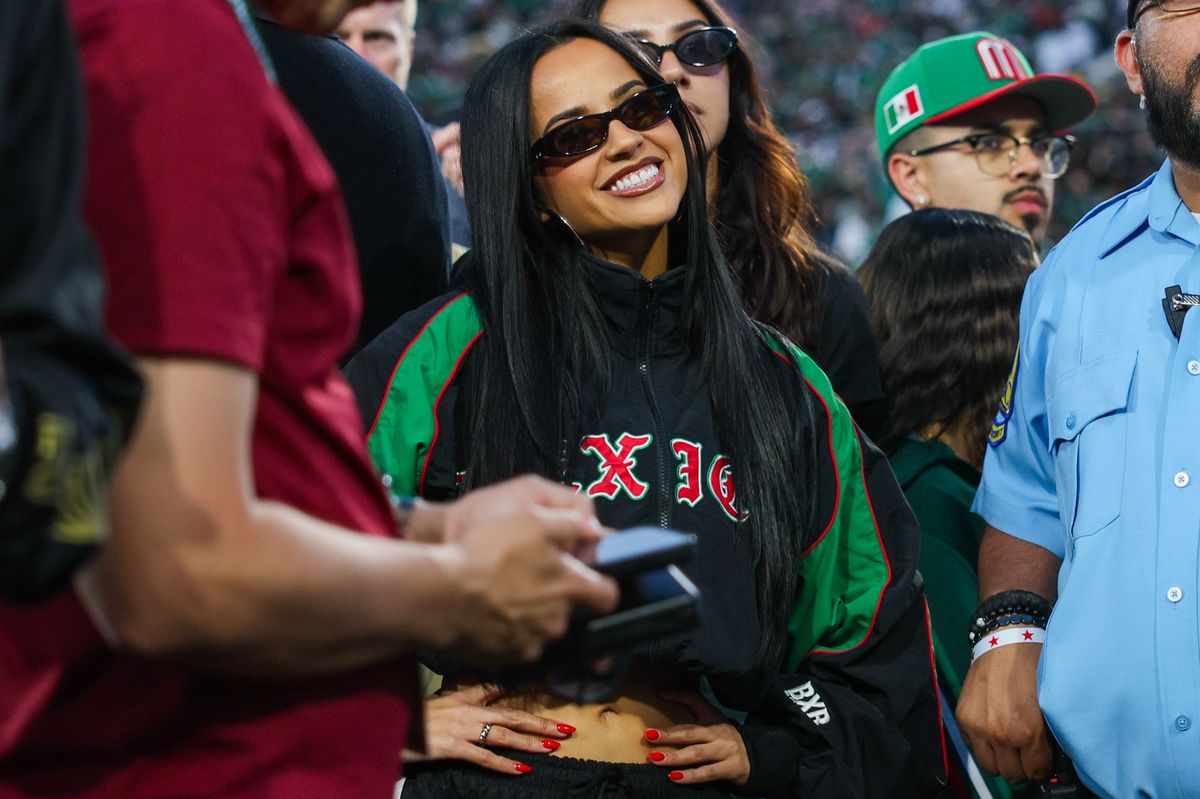 Mexican-American and Los Angeles native recording artist Becky G smiles to the crowd during an international friendly game between Mexico vs Australia.