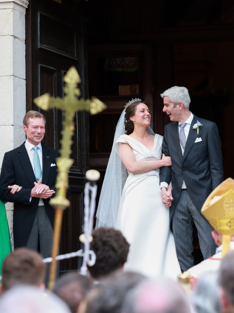 BORMES-LES-MIMOSAS, FRANCE - APRIL 29: Her Royal Highness Alexandra of Luxembourg & Nicolas Bagory leave the religious Wedding on April 29, 2023 in Bormes-les-Mimosas, France. (Photo by Arnold Jerocki/WireImage)