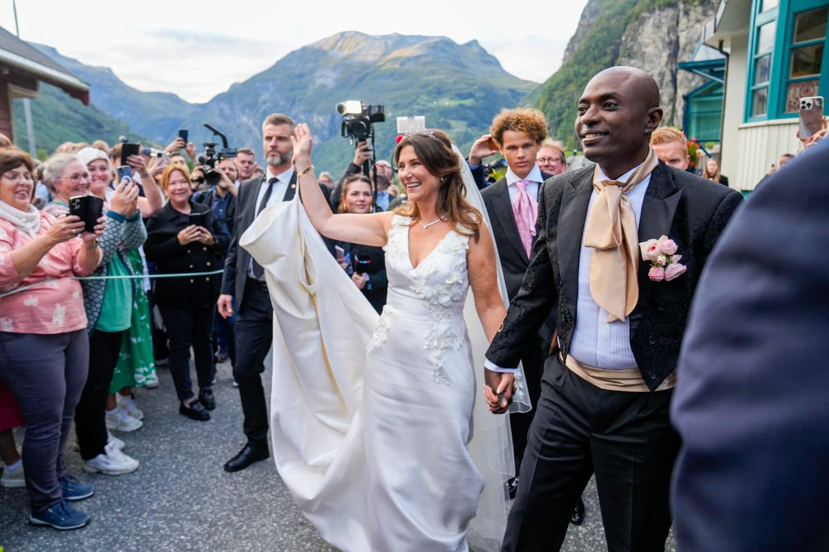 Princess Martha Louise of Norway and Durek Verrett arrive at their wedding party at Hotel Unio in Geiranger on August 31, 2024. Princess Martha Louise, the eldest child of King Harald will tie the knot on Saturday with American self-proclaimed shaman Durek Verrett. (Photo by Heiko Junge / NTB / AFP) / Norway OUT (Photo by HEIKO JUNGE/NTB/AFP via Getty Images)