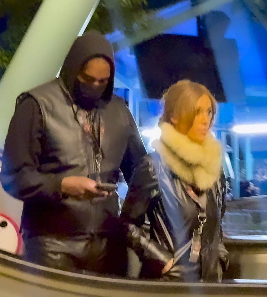 West opted for a black face mask and a matching leather jacket