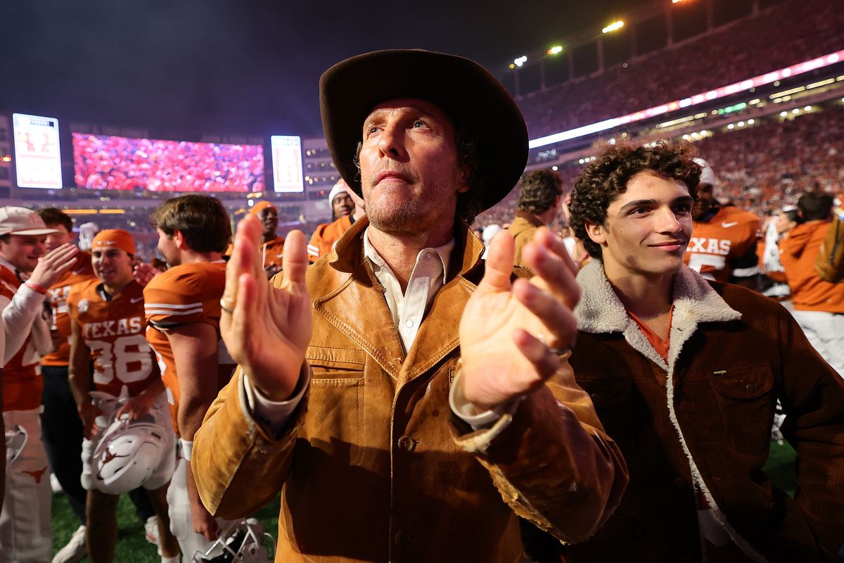 Matthew McConaughey and Levi McConaughey celebrate with the Texas Longhorns on November 28, 2025