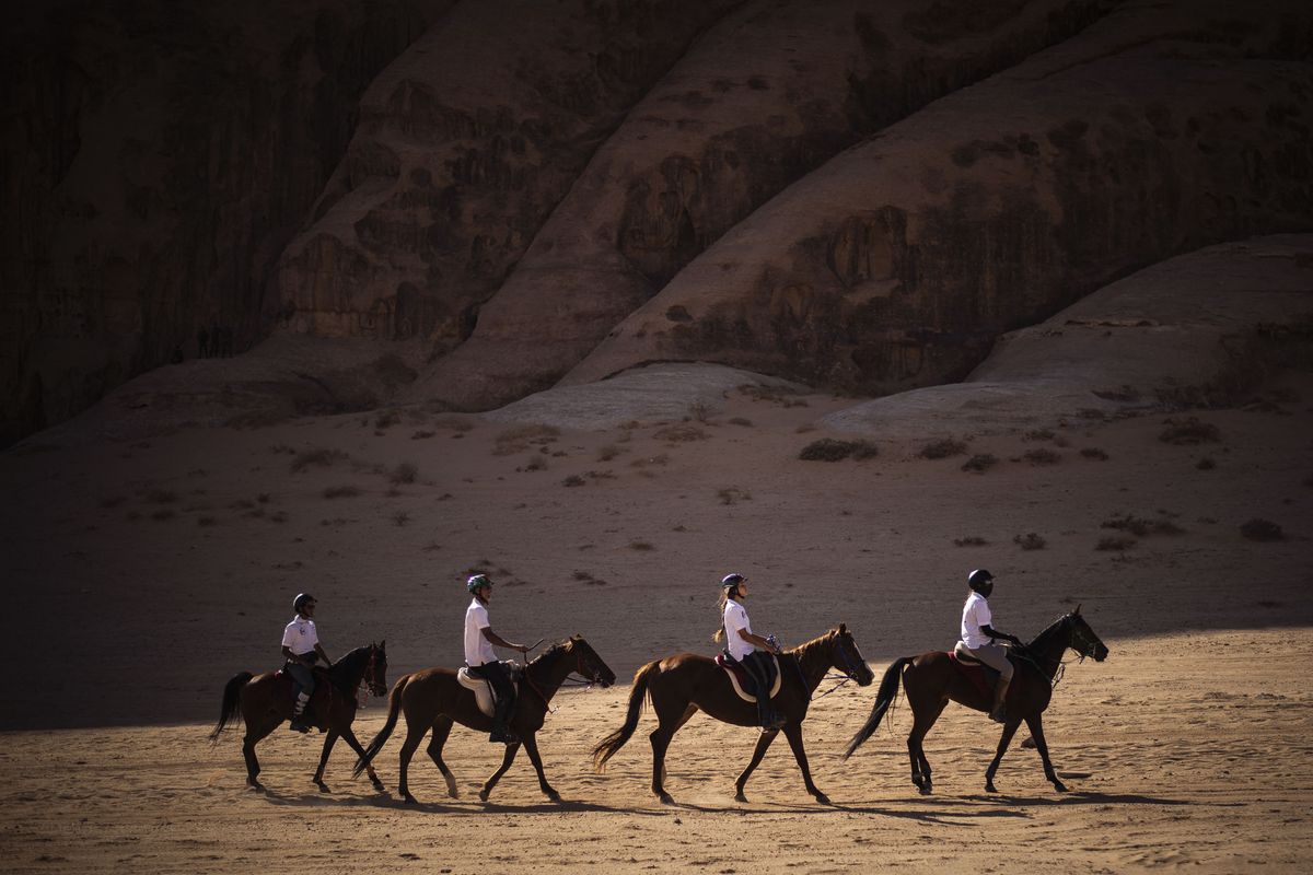 Princess Jalila Bint Ali of Jordan riding her horse during the third stage of the Gallops of Jordan at the Wadi Rum desert