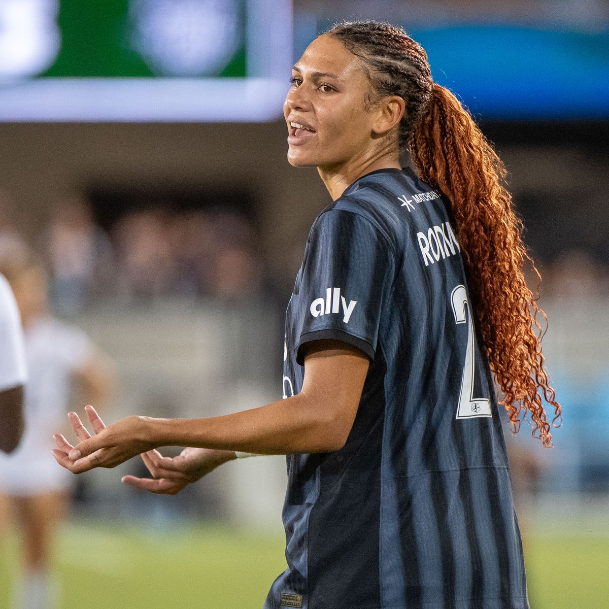 Trinity Rodman, #2 of Washington Spirit, directs players during a game between Washington Spirit and Bay FC at PayPal Park on July 6, 2024, in San Jose, California. 