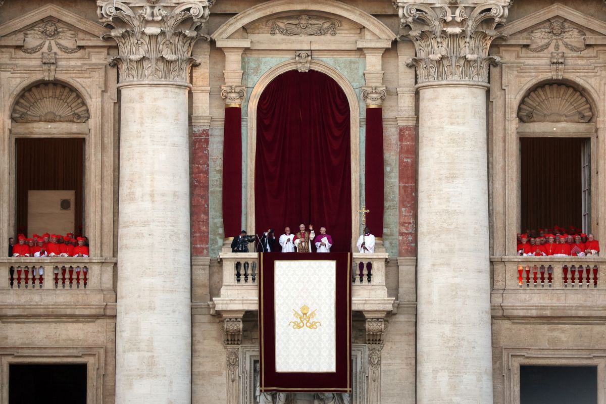 Newly elected Pope Leo XIV, Robert Prevost arrives on the main central loggia balcony of the St Peter's Basilica 