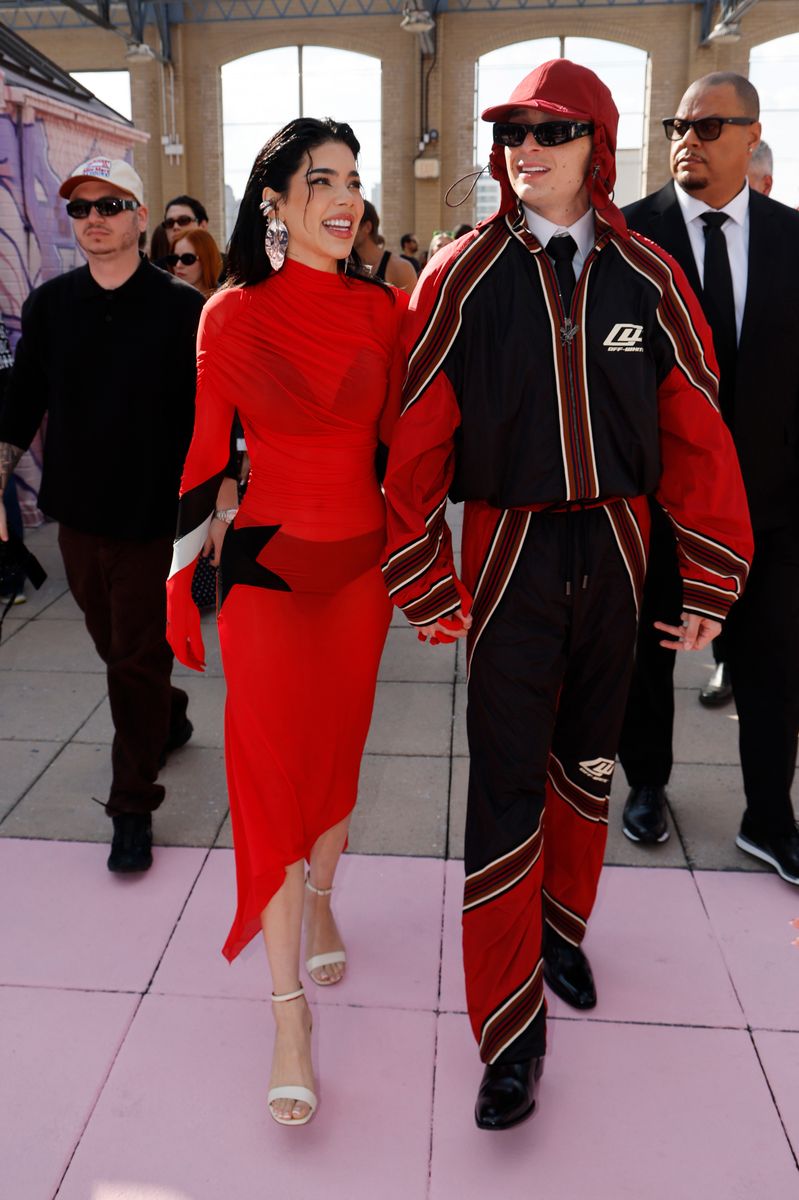 Kenia Os and Peso Pluma attend the Off-White Fashion Show 