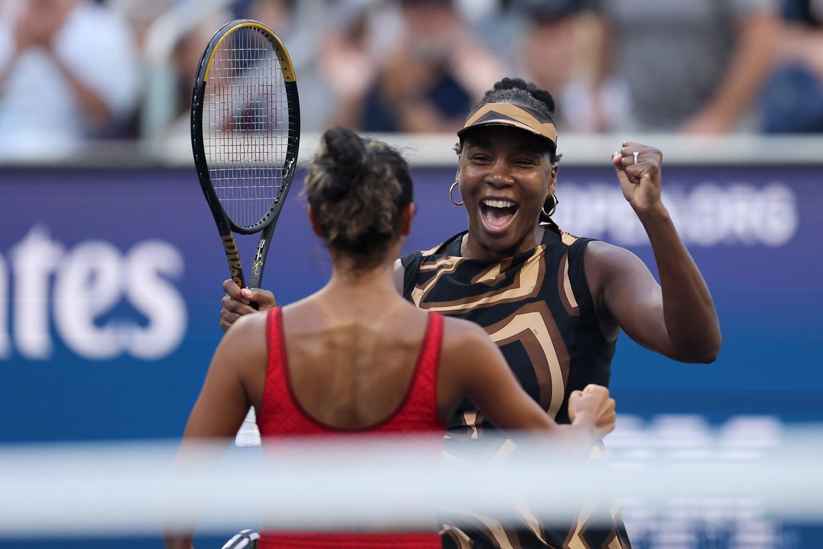 Leylah Fernandez and Venus Williams celebrate after defeating Shuai Zhang of China and Ekaterina Alexandrova in their Women's Doubles Third Round match