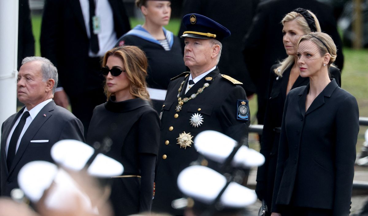 King Abdullah II of Jordan, Queen Rania of Jordan, Prince Albert II of Monaco and Charlene, Princess of Monaco arrive at the church as they walk during the royal procession accompanying the casket of late King Harald V of Norway.