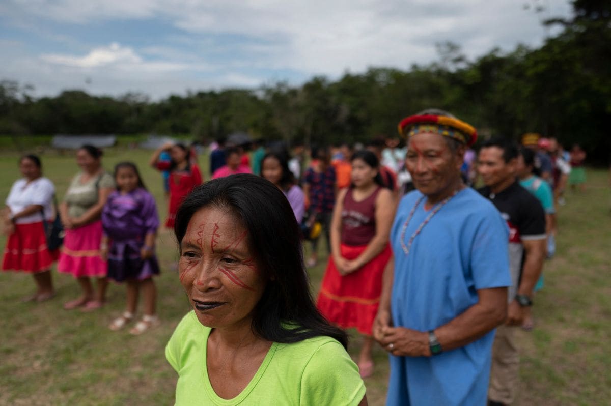 Siekopai indigenous people take part in the representation of the union of families during the second binational meeting of the Siekopai Nation community in the Amazon region in Lagartococha, Peru, on January 10, 2023. Pedro PARDO / AFP) (Photo by PEDRO PARDO/AFP via Getty Images)