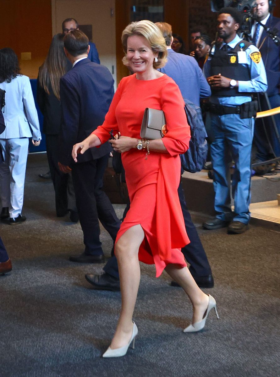 Queen Mathilde of Belgium stepped out in a vibrant coral-red dress while attending the 81st United Nations General Assembly in New York.