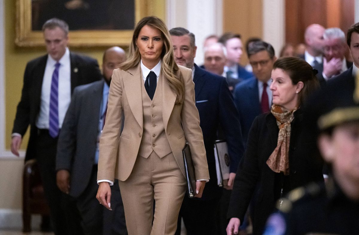 Melania Trump walks to a meeting to urge passage of the Take It Down Act
