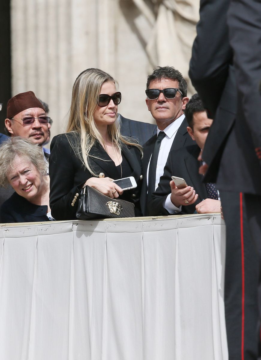 Spanish actor Antonio Banderas attending Pope Francis' Wednesday General Audience on Saint Peter's Square with his new girlfriend Nicole Kimpel. Vatican City, 13th April 2016.