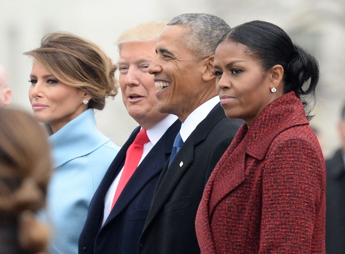  President Donald Trump, First Lady Melania Trump, former President Barack Obama and former First Lady Michelle Obama walk together following the inauguration on January 20, 2017.