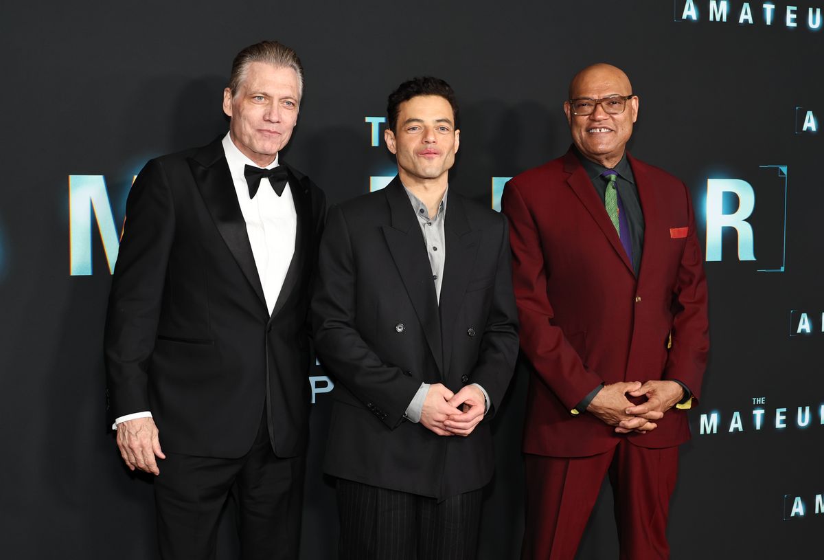 (L-R) Holt McCallany, Rami Malek and Laurence Fishburne attend "The Amateur" world premiere at Jazz at Lincoln Center
