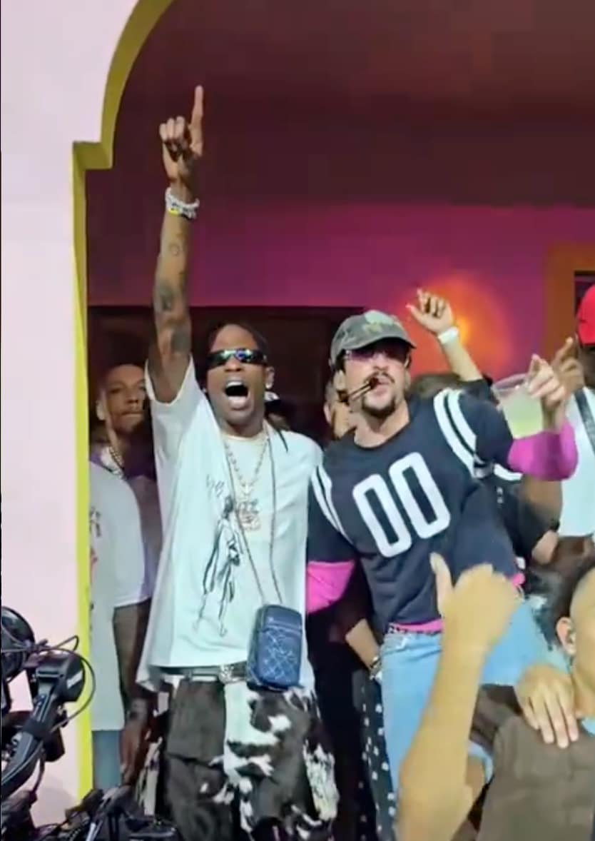 Travis can be seen partying hard in a packed VIP section, turning up to Bad Bunny’s live performance.