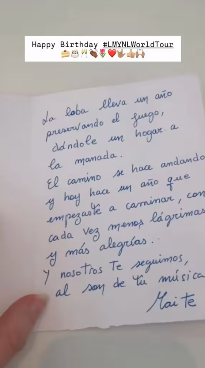 Shakira celebrates her 49th birthday with a heartfelt Las Mujeres Ya No Lloran tour anniversary card.