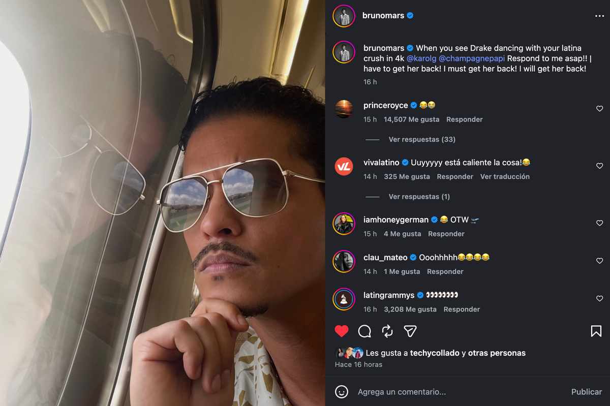 Bruno Mars jokingly reacts to Drake dancing with Karol G, calling the Colombian singer his “Latina crush” and declaring he plans to “get her back.”