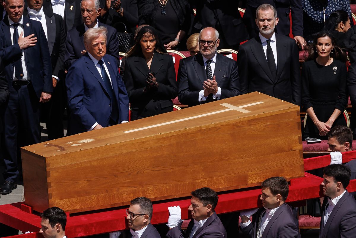VATICAN CITY, VATICAN - APRIL 26: President of France Emmanuel Macron, Finland's President Alexander Stubb, US President Donald Trump, US First Lady Melania Trump, Estonian President Alar Karis, King Felipe VI of Spain and Queen Letizia of Spain attend the funeral of Pope Francis in St. Peterâs Square on April 26, 2025 in Vatican City, Vatican. Pope Francis died on April 21st at the age of 88. Born in Argentina as Jorge Mario Bergoglio, he was the first Latin American and the first Jesuit to become Pope when elected in 2013. Taking the name Francis after St Francis of Assisi, he promoted a more humble version of the papacy than many of his predecessors. He will be buried outside of the Vatican in a simple wooden coffin at the Basilica Santa Maria Maggiore. (Photo by Dan Kitwood/Getty Images)