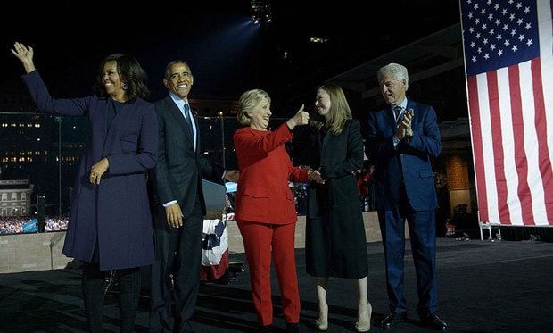 The Clintons were joined by the Obamas at Hillary's election eve rally.
Photo: BRENDAN SMIALOWSKI/AFP/Getty Images