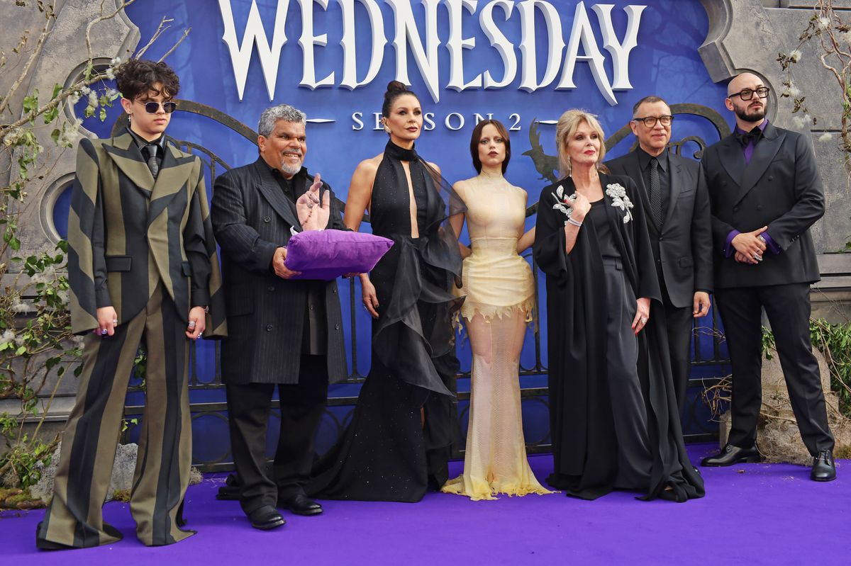 Isaac Ordonez, Luis Guzman, Catherine Zeta-Jones, Jenna Ortega, Joanna Lumley, Fred Armisen, and Victor Dorobantu attend the Global Premiere of "Wednesday" Season 2