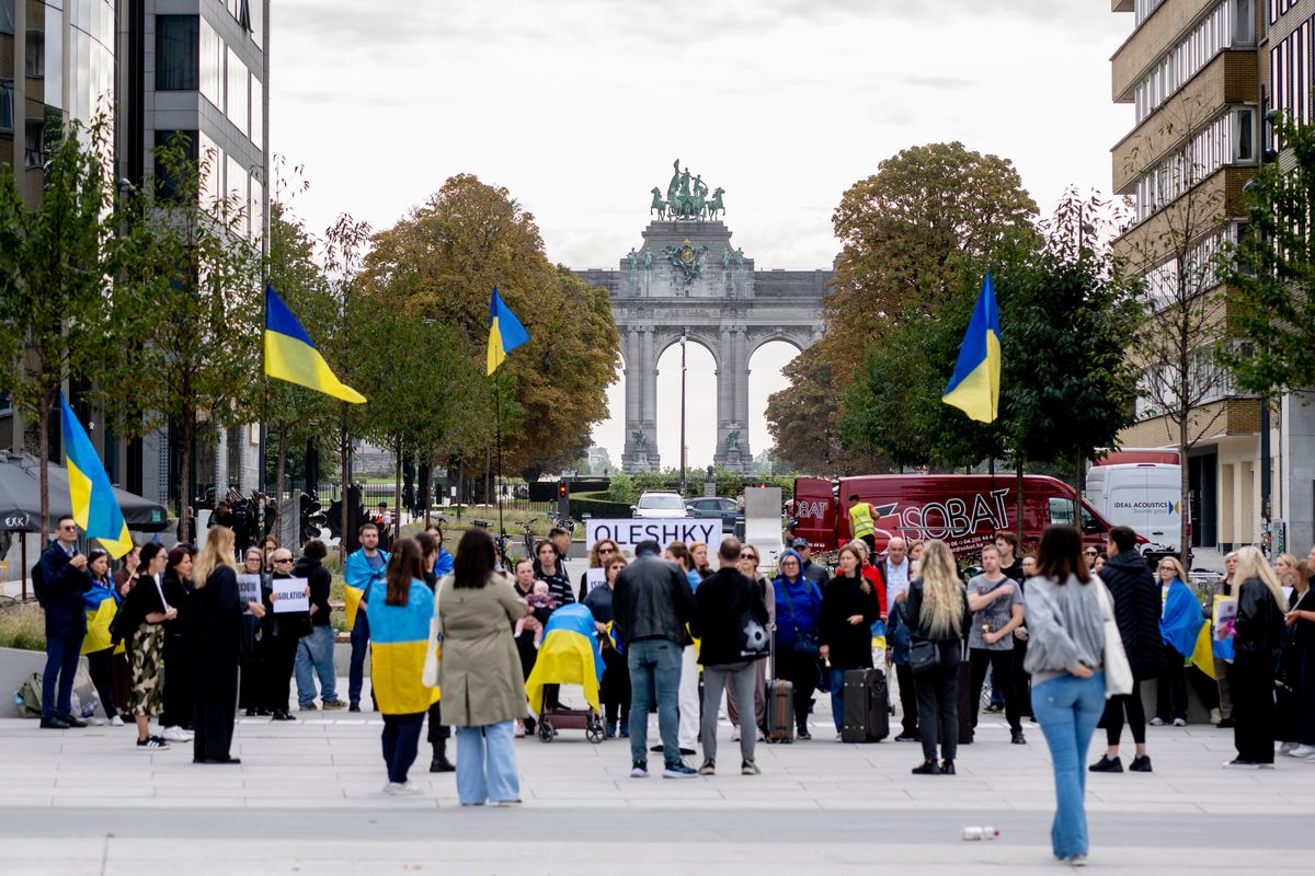 Demonstrators gathered in Brussels on September 28, 2026, to call for a humanitarian corridor and the evacuation of civilians trapped in the Russian-occupied Ukrainian city of Oleshky and surrounding communities.