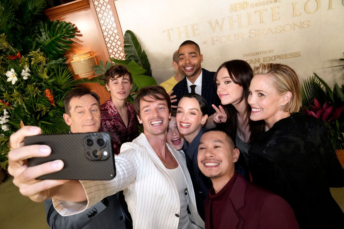Jason Isaacs, Sam Nivola, Patrick Schwarzenegger, Sarah Catherine Hook, Charlotte Le Bon, Nicholas Duvernay, Jon Gries, Tayme Thapthimthong, Aimee Lou Wood and Leslie Bibb attend HBO's "The White Lotus" 
