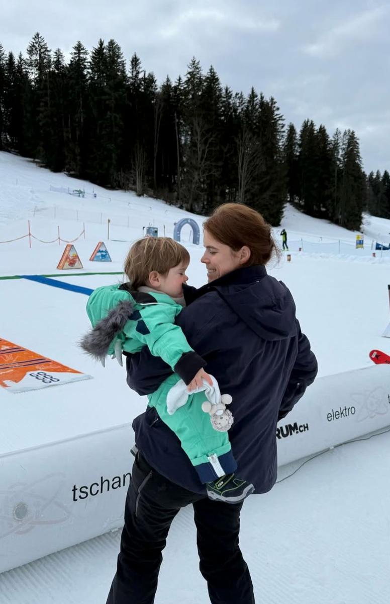 Princess Eugenie shares a sweet moment with her son Ernest during a family ski trip.