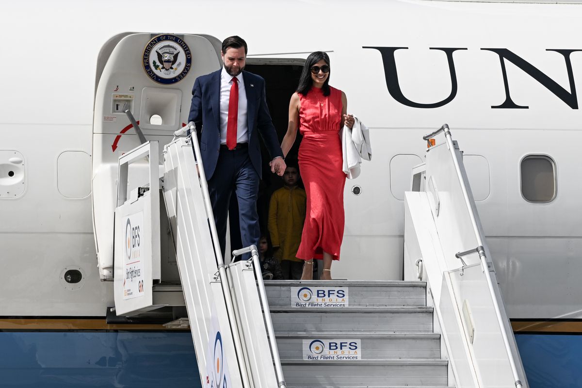 Vice President JD Vance and his wife Usha Vance arrive on April 21, 2025 in New Delhi, India.