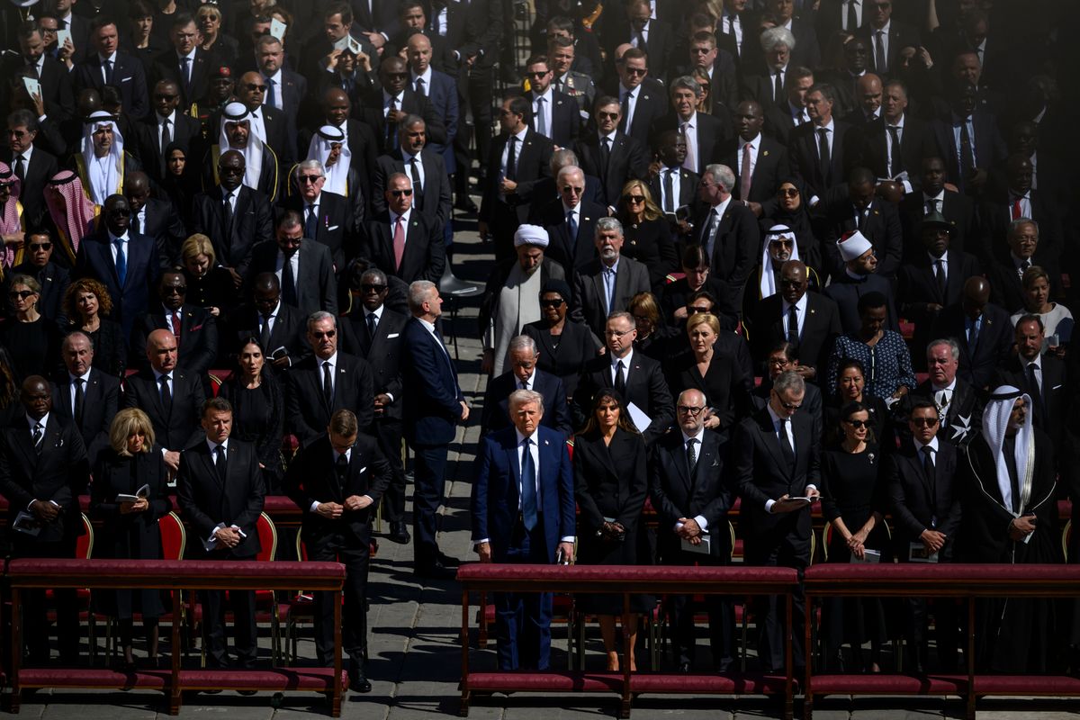 (L-R) France's First Lady Brigitte Macron, France's President Emmanuel Macron, Finland President Alexander Stubb, US President Donald Trump, US First Lady Melania Trump, Estonian President Alar Karis, King Felipe VI of Spain and Queen Letizia of Spain attend the funeral of Pope Francis in St. Peter's Square on April 26, 2025 in Vatican City, Vatican. Pope Francis died on April 21st at the age of 88. B