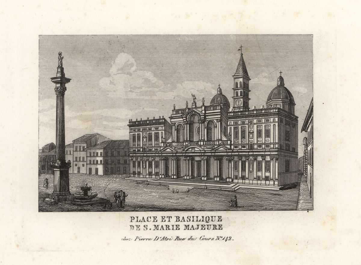 View of the Piazza e Basilica di Santa Maria Maggiore, Square and Church of Saint Mary Major with its Marian column, Rome. (Views of Rome Ancient and Modern with the ruins of war, Rome, 1849)