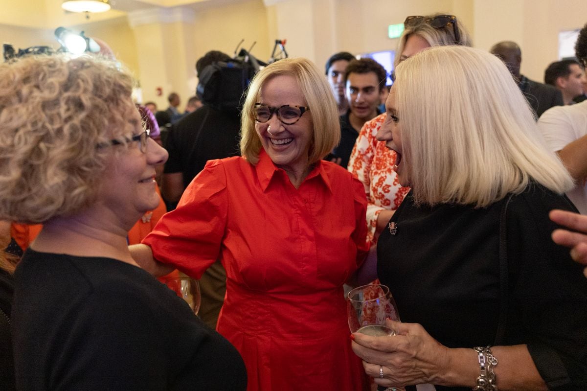 Miami Mayor-elect Eileen Higgins greets supporters as she celebrates her victory at her election night party.